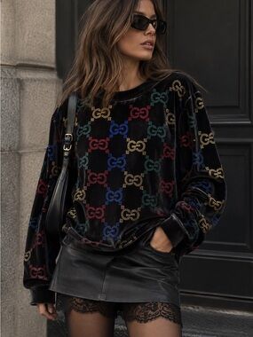 Ross Fashion Velvet Multi-Colour Logo-Pattern Long Sleeve Sweatshirt